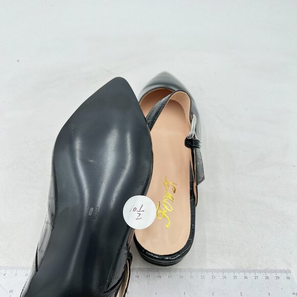 FOWT Black Croc-textured Pointed Toe Low Chunky Heel Strappy Mule Sandal - Picture 6 of 8